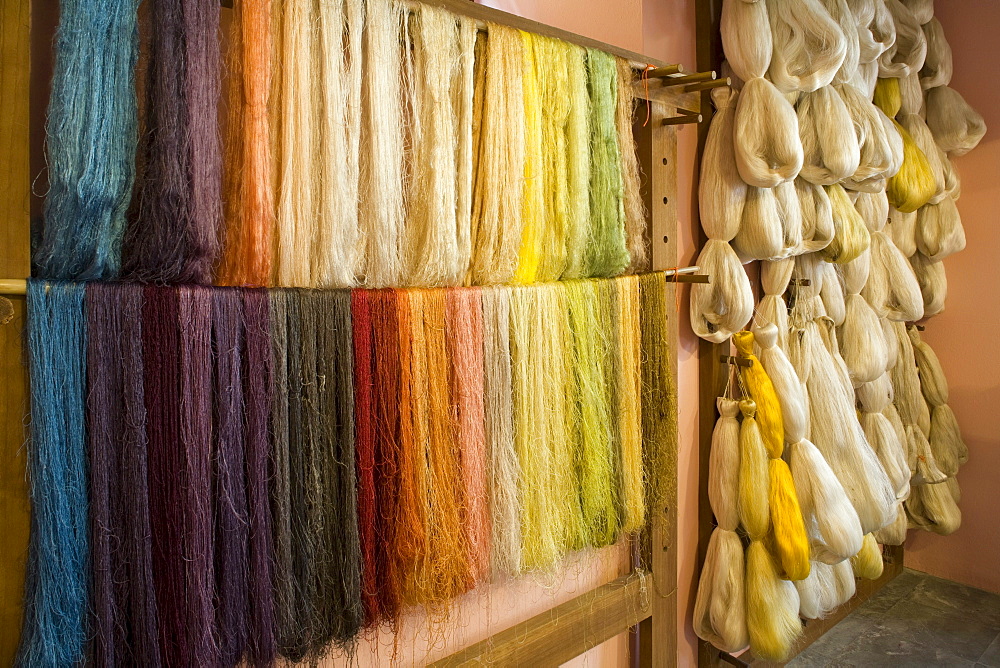 Coloured silk in a workshop, craft, silk weaver, Las Hiladeras El Paso, El Paso, La Palma, Canary Islands, Spain, Europe