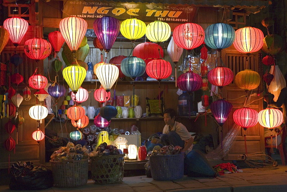 Chinese laterns in front of a shop in the evening, Hoi An, Quang Nam Province, Vietnam, Asia