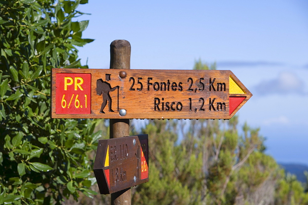 Sign showing the Levada Walk to the 25 Fontes and Risco waterfalls, Near Rabacaul, Madeira, Portugal