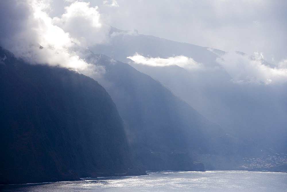 Misty coastline on the North Coast, near Arco de Sao Jorge, Madeira, Portugal