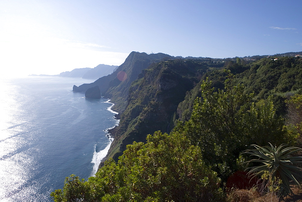 Coastline with waterfall seen from Quinta do Furao Hotel, Santana, Madeira, Portugal