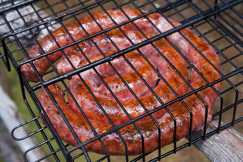 Perfectly grilled coiled sausage on a barbeque, Paul da Serra, Madeira, Portugal