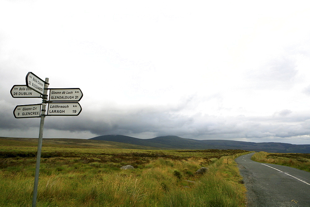 Signpost at The Old Military Road under clouded sky, Wicklow Mountain National Park, County Wicklow, Ireland, Europe