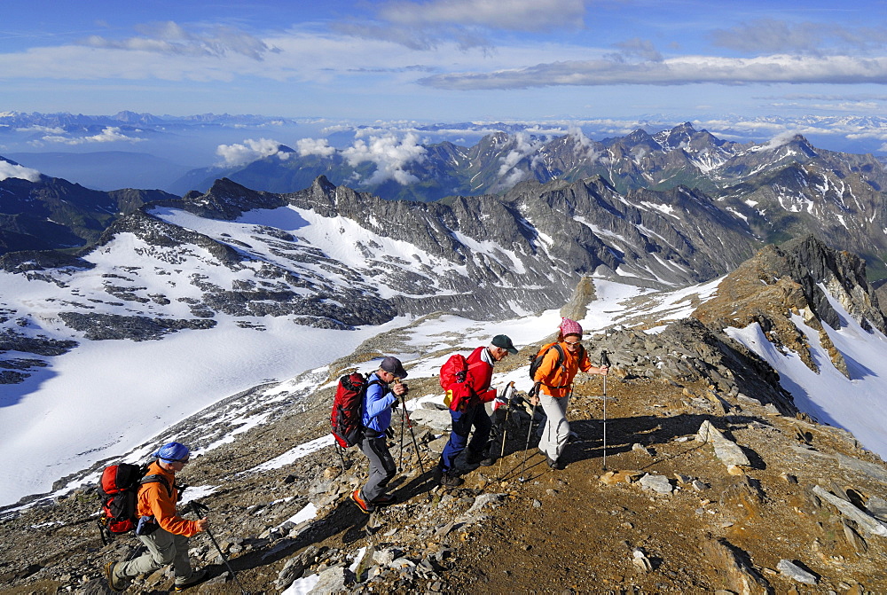 Four mountain hikers ascending to mount Hochfeiler, Zillertal Alps, South Tyrol, Italy