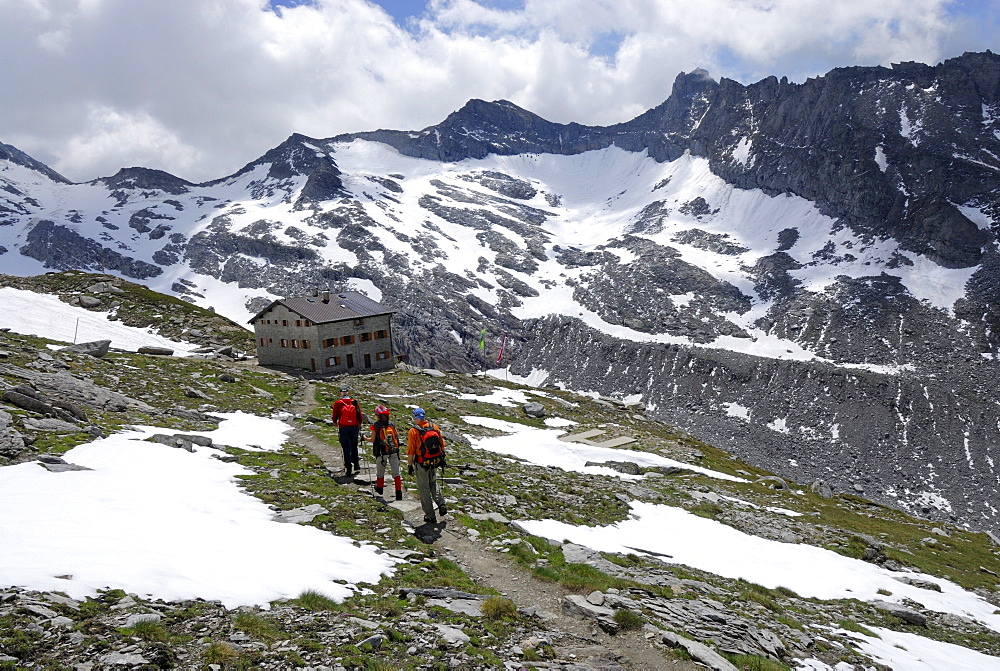 Three mountaineers near hut Hochfeilerhuette, Hochfeiler, Zillertal Alps, South Tyrol, Alto Adige, Italy