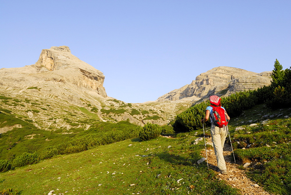 Woman hiking, Conturinesspitze and La Varella in background, Naturpark Fanes-Sennes-Prags, Dolomites, Trentino-Alto Adige/South Tyrol, Italy