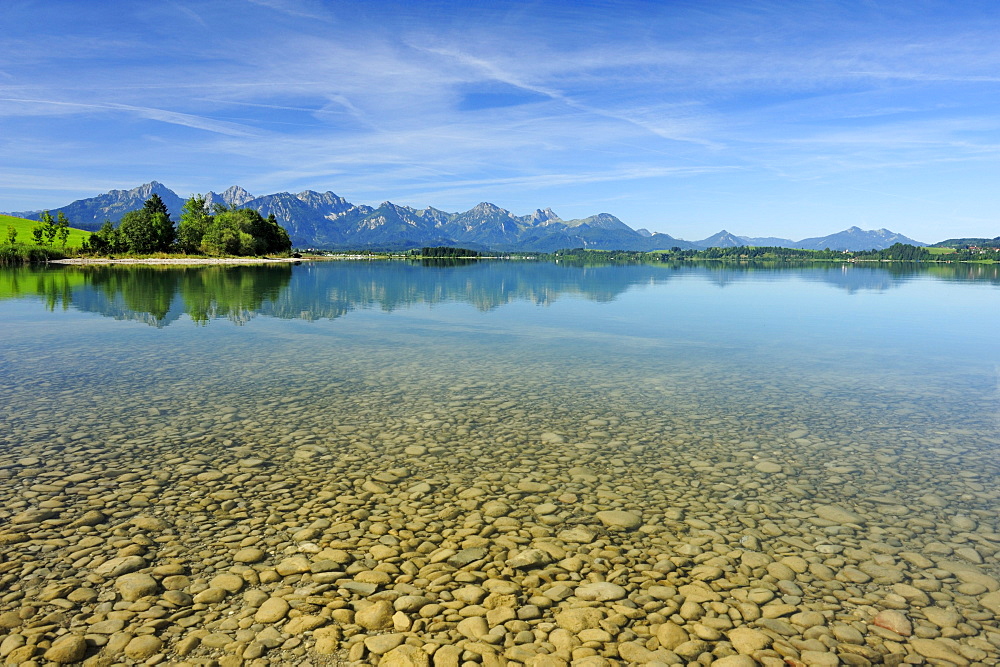 Lake Forggensee with Tannheim range in background, Allgaeu, Bavaria, Germany