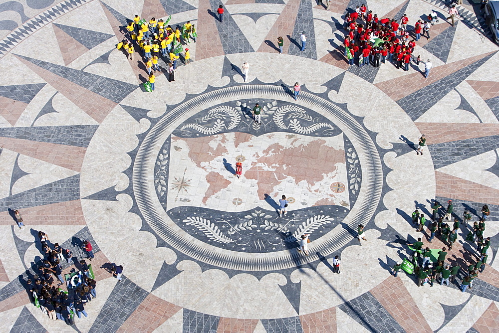 People on the World Mosaic Map, View from the top of the Discoveries Monument, Padrao dos Descobrimentos, Belem, Lisbon, Lisboa, Portugal, Europe