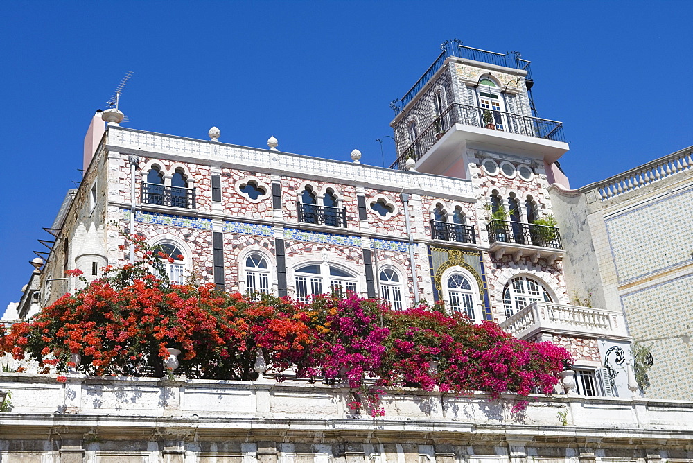 Bougainvillea on the balcony of a building in the Alfama District, Lisbon, Lisboa, Portugal, Europe