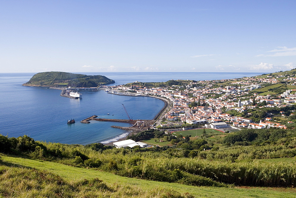 View over the city and Horta Harbour, Horta, Faial Island, Azores, Portugal, Europe