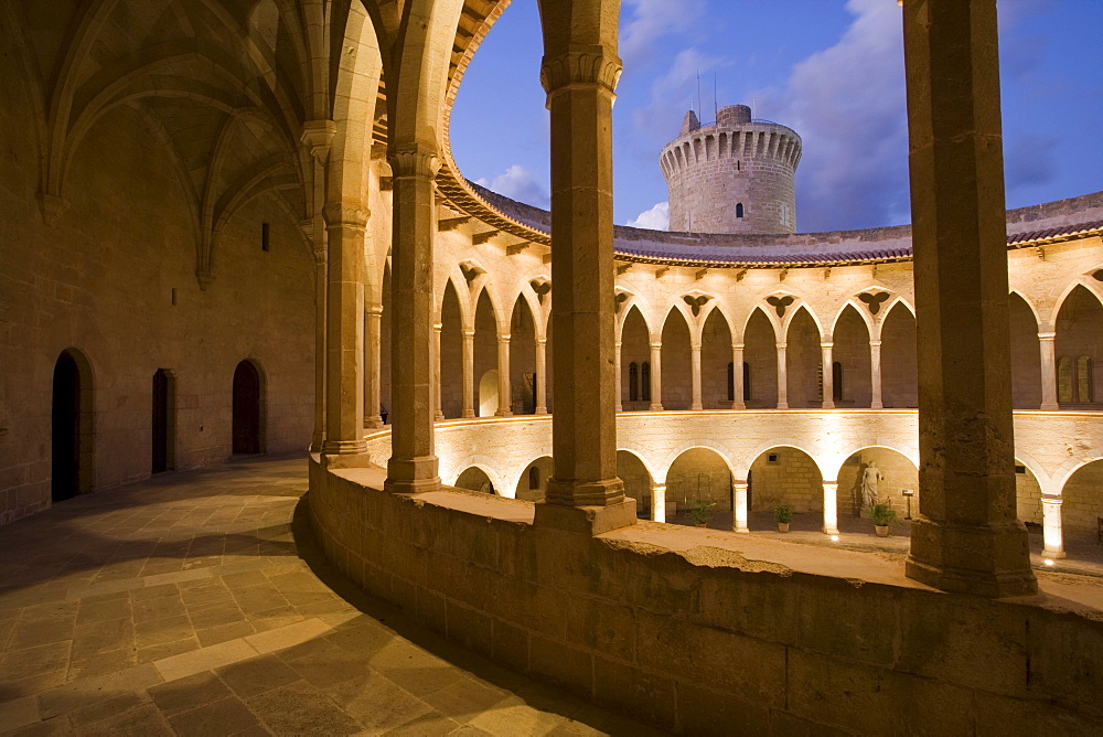 Castell de Bellver with keep tower at dusk, Palma, Mallorca, Balearic Islands, Spain, Europe