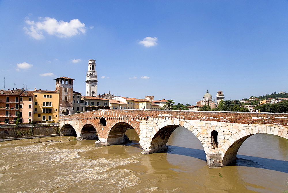 View of the Ponte di Pietra over the Adige river, Verona, Veneto, Italy