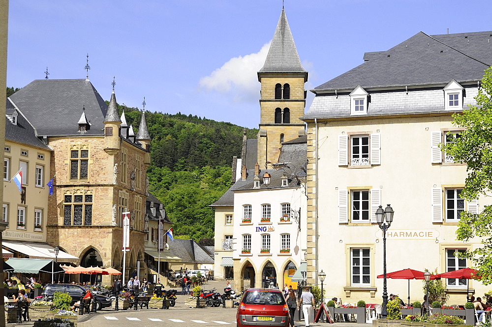 Marketplace and basilica in the sunlight, Echternach, Luxembourg, Europe