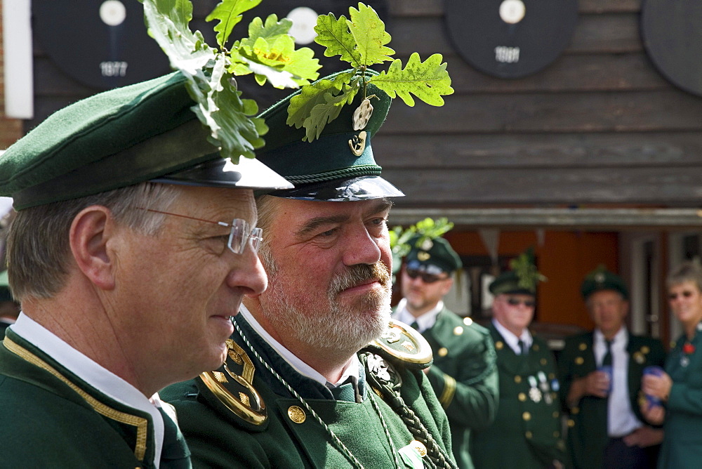 Marksmen in uniform at a Schuetzenfest parade in Eldagsen, Hanover region, Lower Saxony, northern Germany