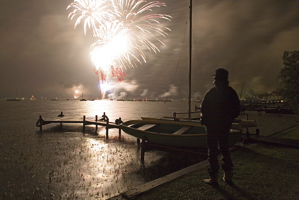 fireworks display above Steinhuder Meer lake near Hannover, Lower Saxony, northern Germany