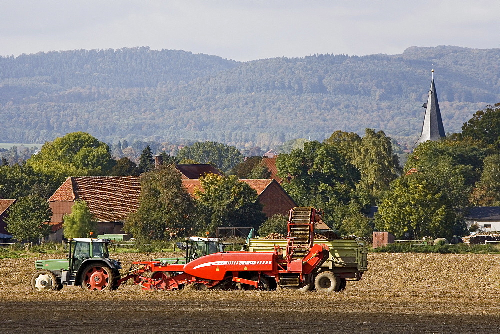 tractor working in the field, village, agriculture, rural landscape, northern Germany