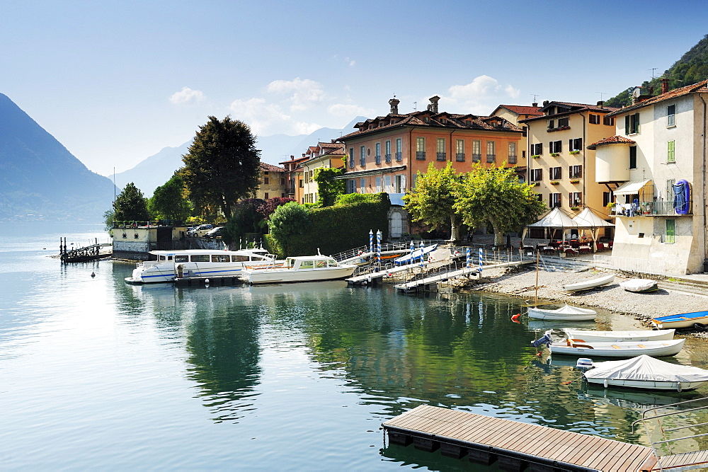 Boat harbor at western bank of Lake Como, Lombardy, Italy