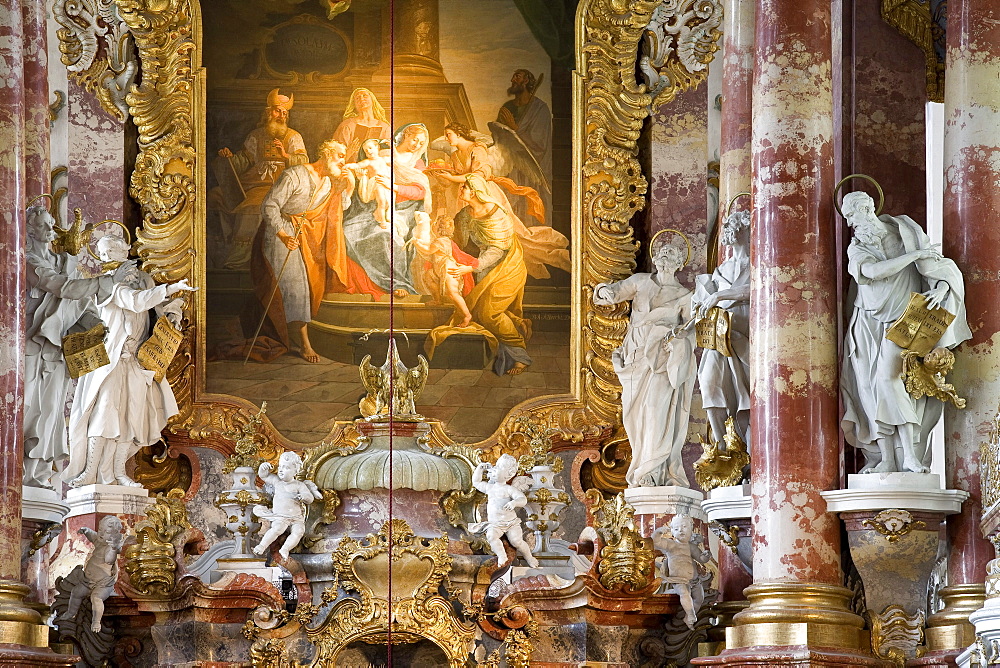 Interior view of Wies church, Wieskirche in Steingaden, Pfaffenwinkel, build from 1745Ã±1754 by brothers Johann Baptist and Dominikus Zimmermann, UNESCO world cultural heritage, Bavaria, Germany, Europe