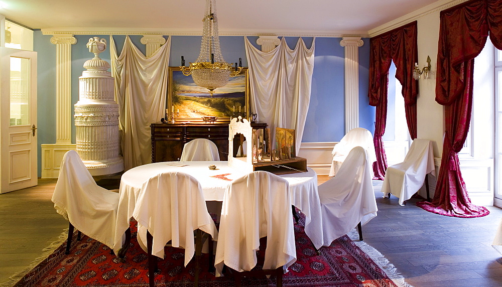 View in the dining room, Buddenbrookhaus, Heinrich-und-Thomas-Mann-Zentrum, Luebeck, Schleswig-Holstein, Germany, Europe