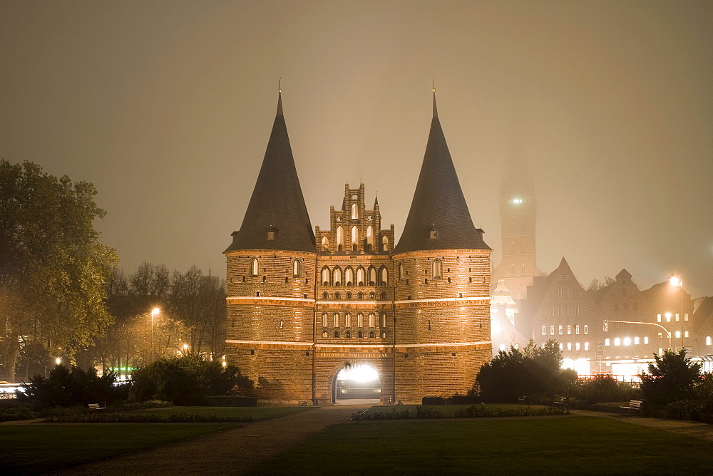 The Holstentor, a Luebeck landmark with St. Mary's church, Marienkirche on the left and the church of St. Petri on the right, Hanseatic city of Luebeck, Schleswig-Holstein, Germany, Europe