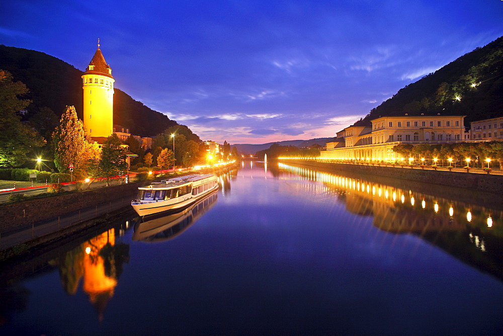 Tower Quellenturm and casino beside river Lahn, Bad Ems, Rhineland-Palatinate, Germany