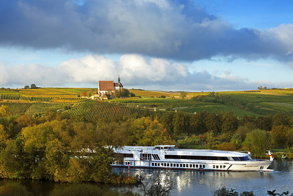 View over Main river to pilgrimage church Maria im Weingarten, Volkach, Franconia, Bavaria, Germany