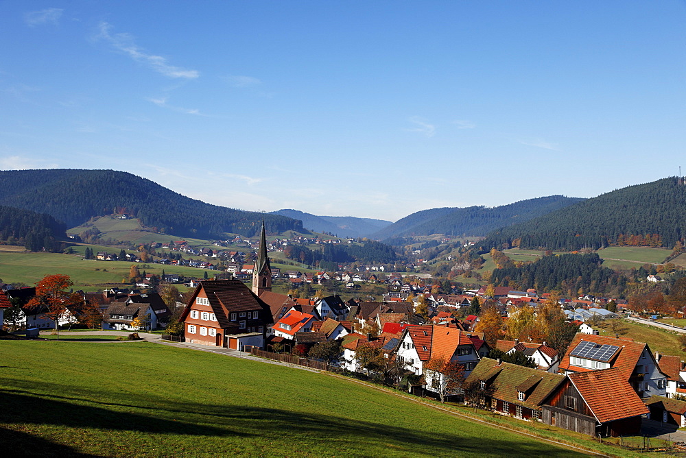 Oberdorf with church, Baiersbronn, Baden-Wurttemberg, Germany