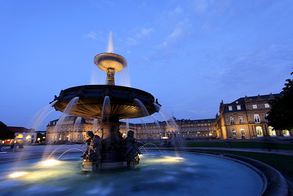 Castle square with fountain, New Castle, Stuttgart, Baden-Wurttemberg, Germany