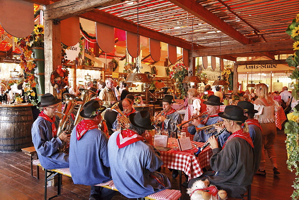 Band in a beer tent, Cannstatter Volksfest, Stuttgart, Baden-Wurttemberg, Germany