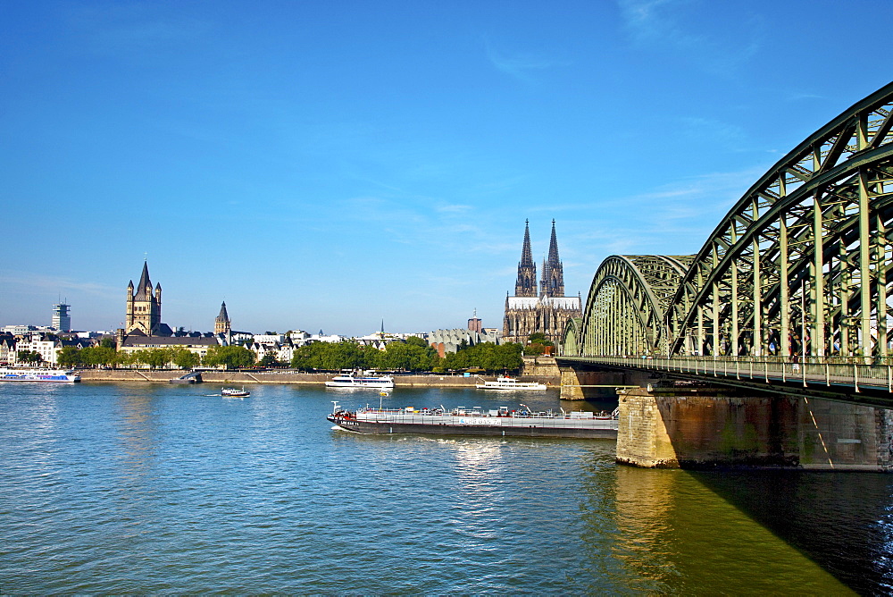 View over river Rhine with Hohenzollern bridge to old town, Cologne, North Rhine-Westphalia, Germany