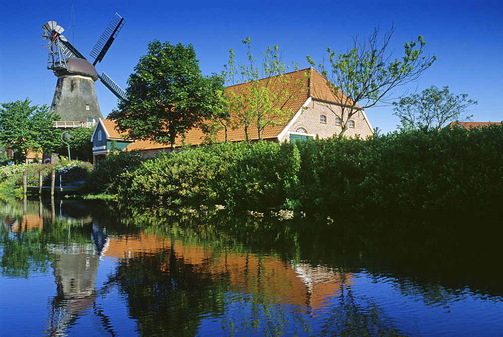 Windmill and farm house, Ostgrossefehn, Eastern Friesland, North Sea, Lower Saxony, Germany