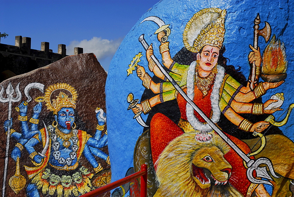 Kali and Shiva painted on rock boulders, Golconda Fort, Hyderabad, Andhra Pradesh, India, Asia