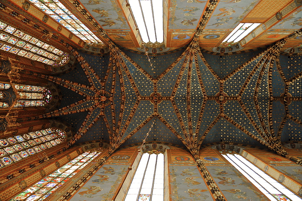 Low angle view to the ceiling of Kosicol Mariacki, St. Mary's Church, Krakow, Poland, Europe