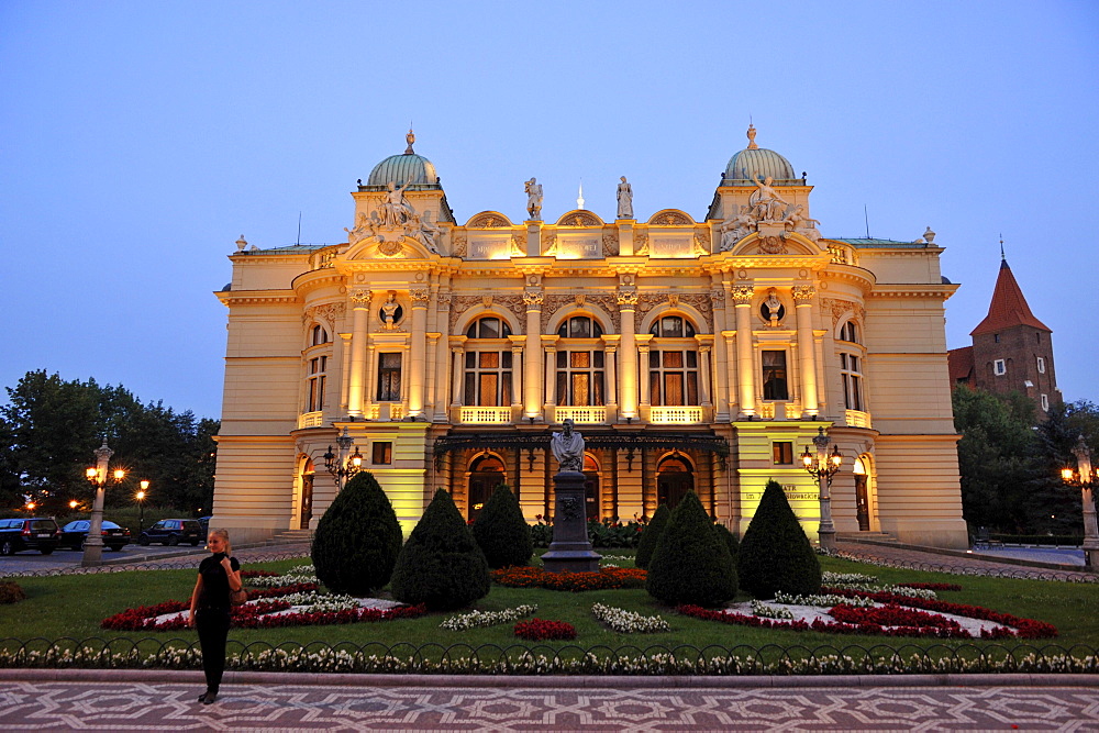 The theater Teatr Slowackiego at dusk, Krakow, Poland, Europe