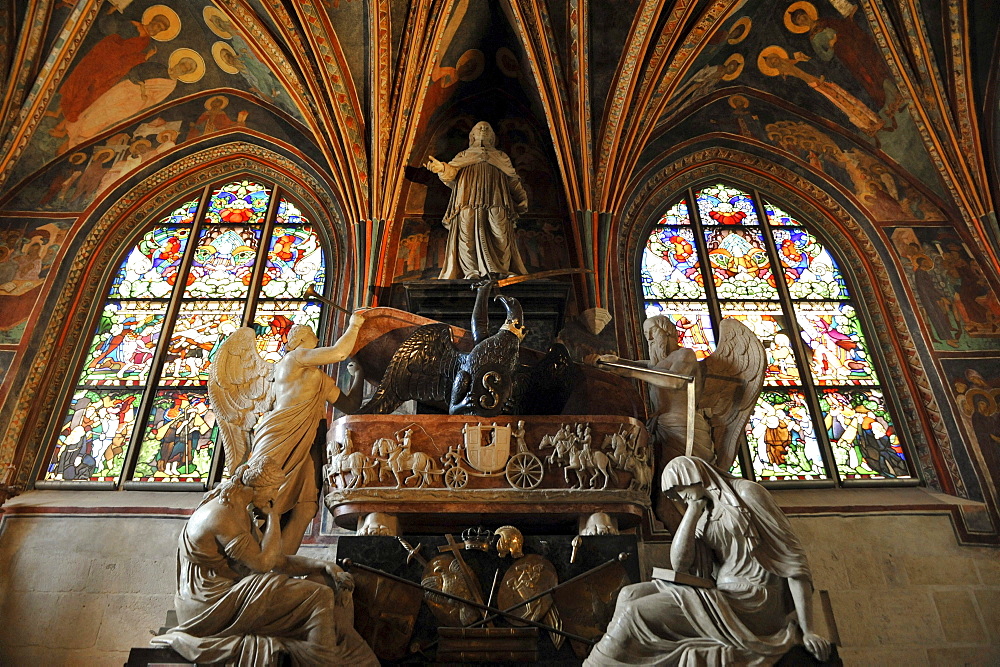 View at statues and stained glass windows inside Wawel cathedral, Krakow, Poland, Europe