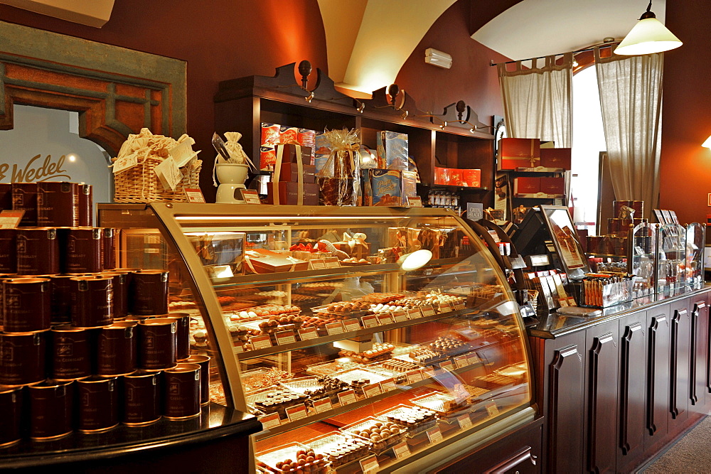 Interior view of deserted Wedel pastry shop, Krakow, Poland, Europe