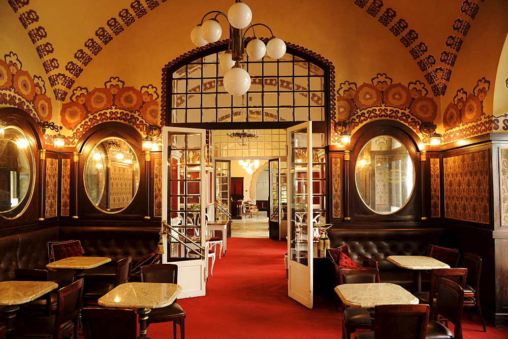 Kawiarnia Noworolski, deserted cafe at cloth halls Sukiennice, Krakow, Poland, Europe