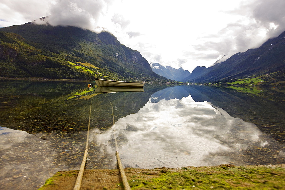 Little boat on the water, fjord landscape, Sogn og Fjordane, Norway, Scandinavia, Europe