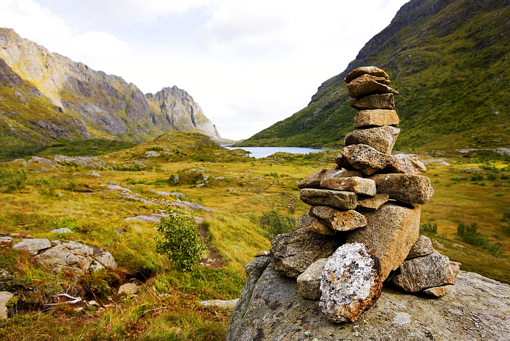 Cairn as a track marker in the mountains, Lofoten, Norway, Scandinavia, Europe