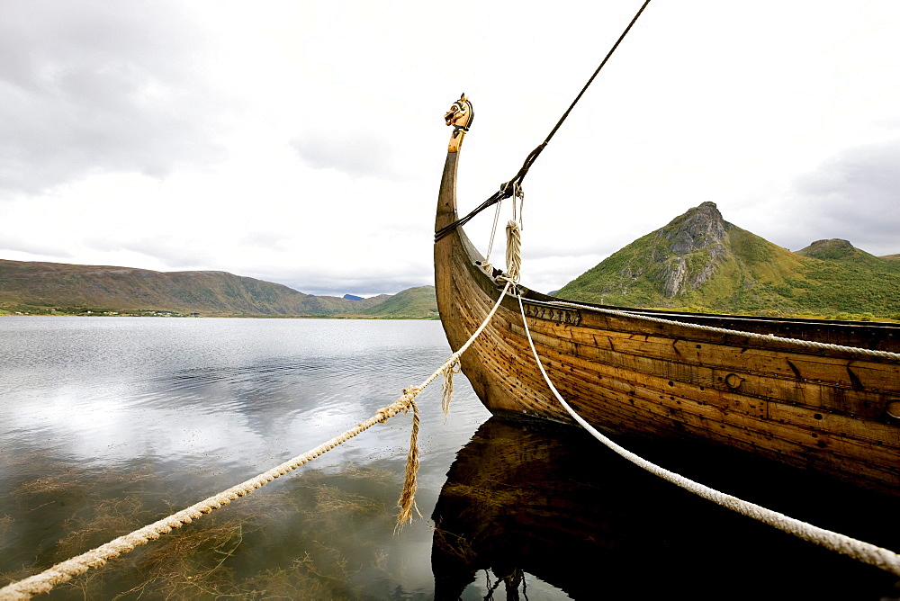 Viking ship on a lake, viking museum, Borge, Lofoten, Norway, Scandinavia, Europe