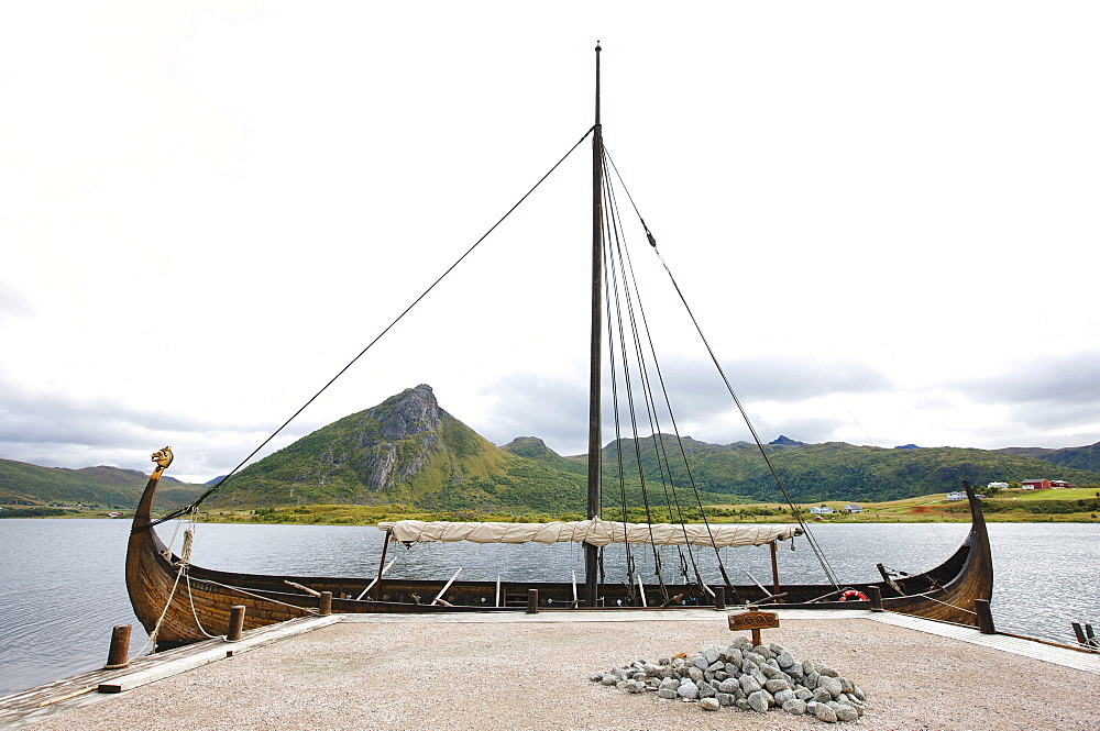 Viking ship on a lake, viking museum, Borge, Lofoten, Norway, Scandinavia, Europe