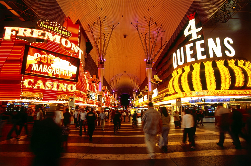 Street life on Freemont Street at night, Las Vegas, Nevada, USA, America