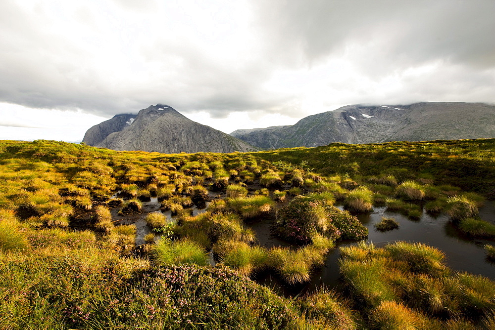 Fjell landscape at Folgefonn peninsula under clouded sky, Kvinnherad, Hordaland, Norway, Scandinavia, Europe