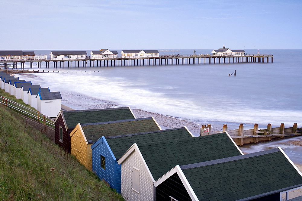 Beach huts and Pier in Southwold, East Anglia, Suffolk, England, Great Britain, Europe