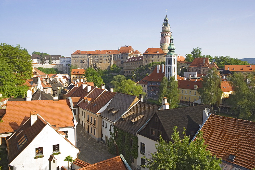 Panoramic view over the old town and the castle from the garden of the former Jesuit college, Cesky Krumlov, South Bohemian Region, Czech Republic