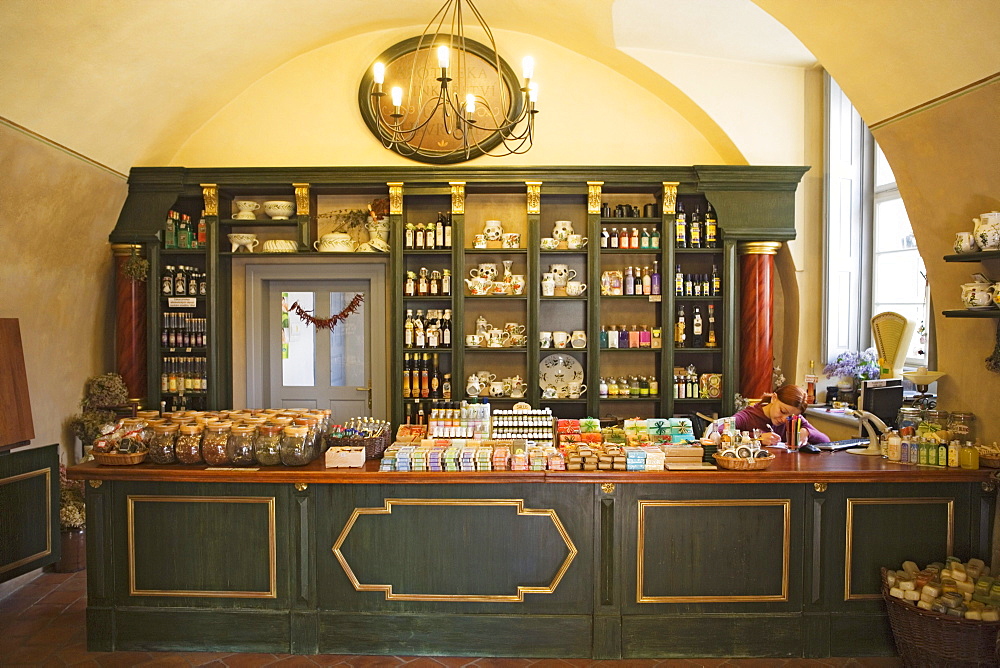 historic drugstore in the castle, Cesky Krumlov, South Bohemian Region, Czech Republic