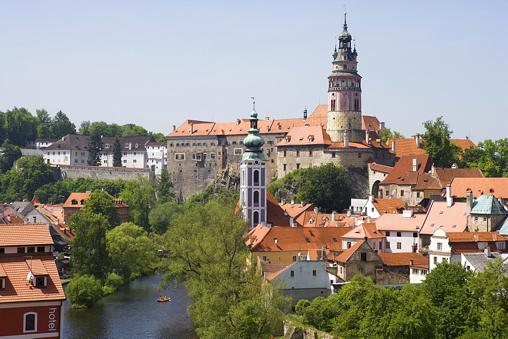 Panoramic view with the Vltava river, the castle and the church of St. Jost, Cesky Krumlov, South Bohemian Region, Czech Republic