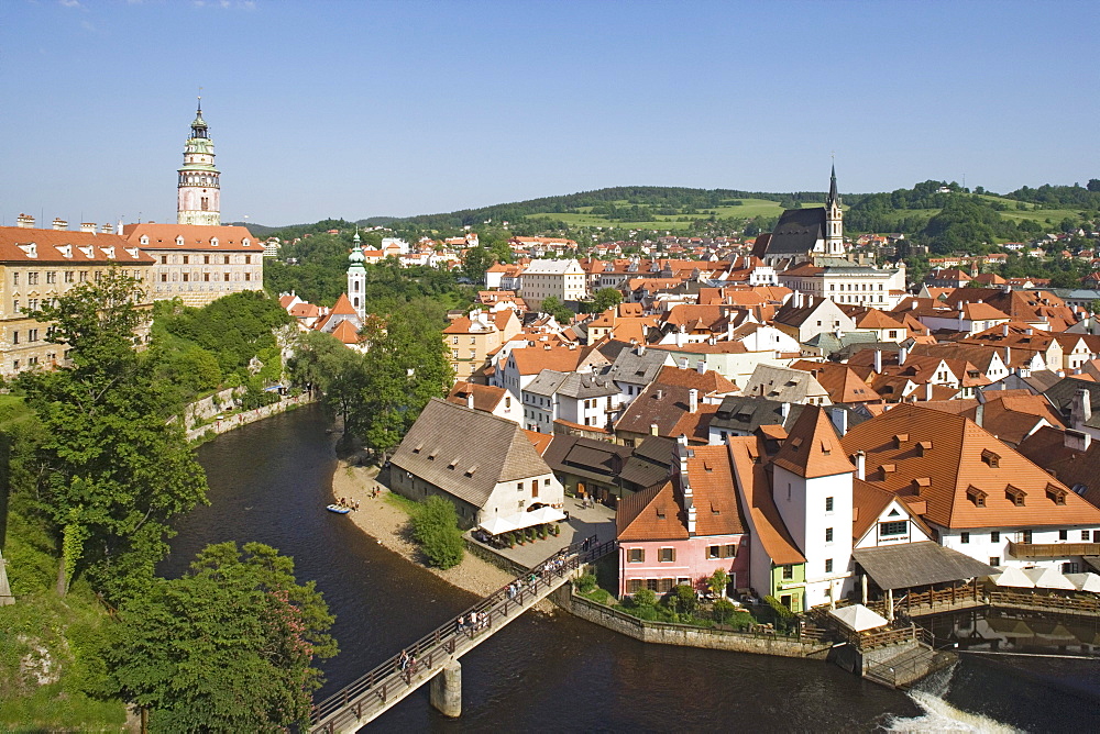 Panoramic view with the Vltava river, the castle and the church of St. Jost, Cesky Krumlov, South Bohemian Region, Czech Republic