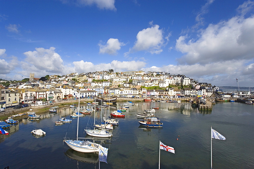 View over harbor with replica of the Golden Hind, Brixham, Torbay, Devon, England, United Kingdom