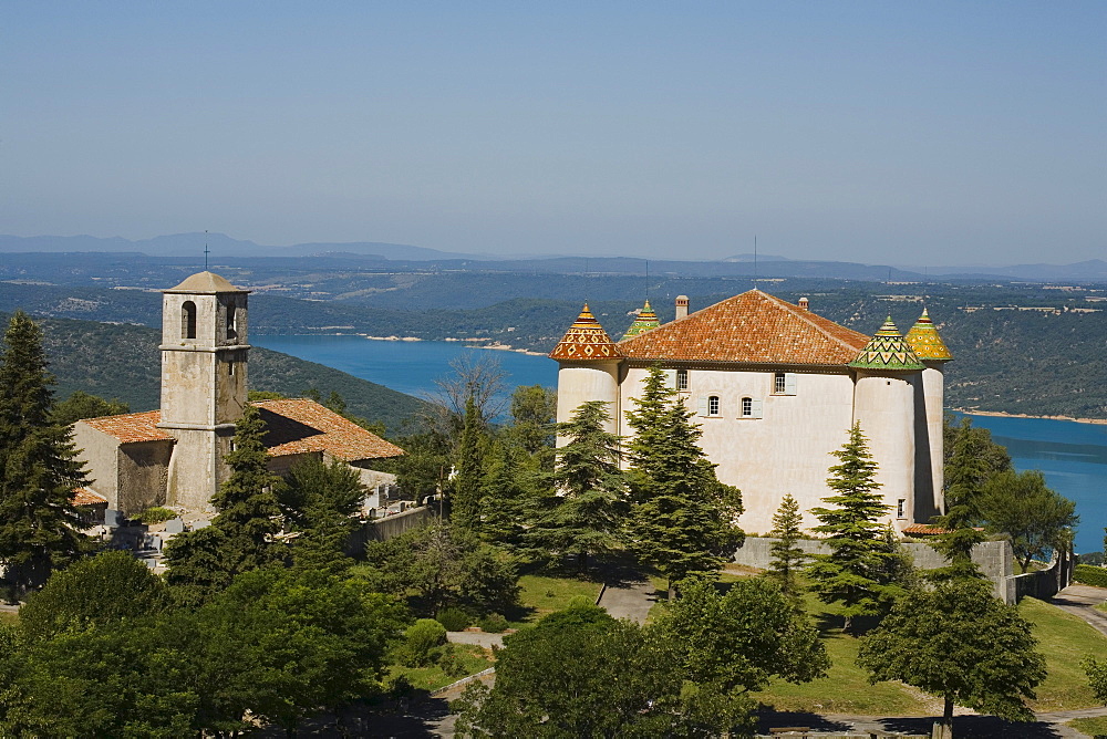 View at castle and church of the village Aiguines above the lake Lac de Ste. Croix, Var, Provence, France